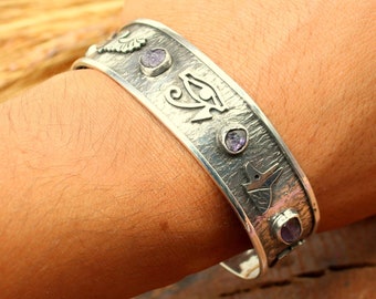 Egyptian God Ra And His Brothers Icon 925k Sterling Silver Bracelet,  Gift For Her Raw Amethyst Bracelet Men and Unisex Bracelet