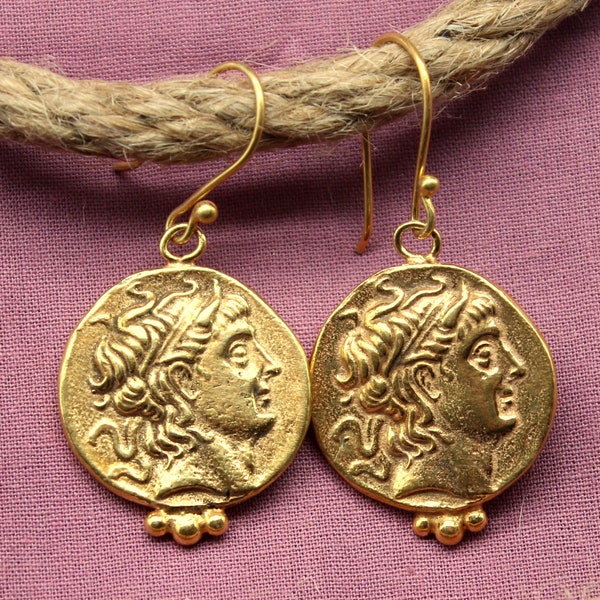 Intaglio Earrings,Gold Carved Earrings,Silver Coin Earrings,Hammered Earrings,Greek Earrings, Ancient Coin Earrings,Gift For Her