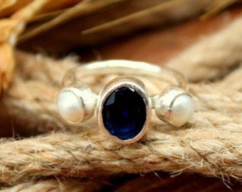 Sapphire And Pearl Silver Ring, Sapphire Jewelry, Sapphire Silver Ring,Gift For Her, Engagement Ring, Statement Ring, Birthstone Ring
