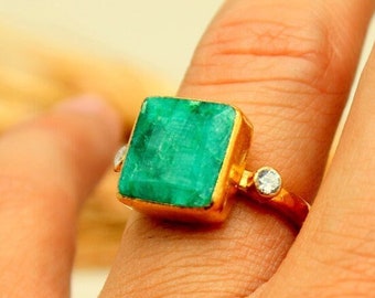 Large Natural Square Emerald Ring, Diamond Ring, Engagement Ring, Emerald Jewelry, Gifts For Him Stackacle ring Gift For Her