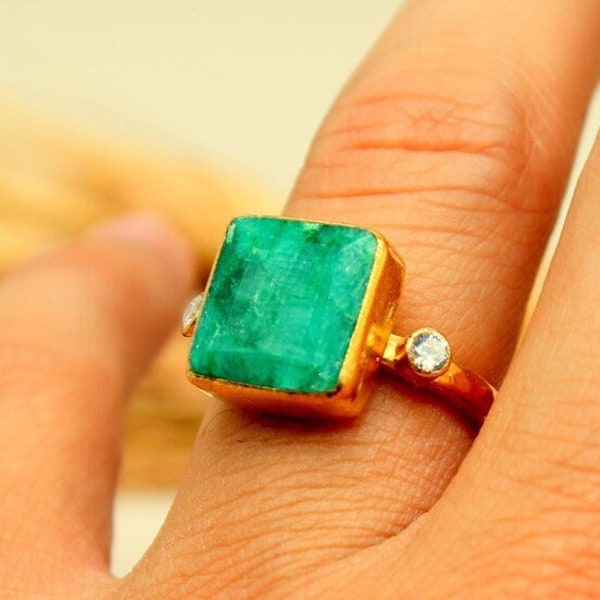 Large Natural Square Emerald Ring, Diamond Ring, Engagement Ring, Emerald Jewelry, Gifts For Him Stackacle ring Gift For Her