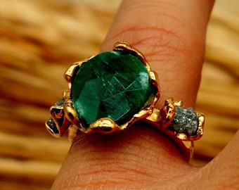 Natural Emerald Silver Ring, Natural Raw Diamond Ring, Multi Stone Ring, Unique Jewelry, Gifts For Mom, 14K Gold Emerald Ring, Gift For Her