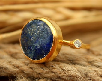 Lapis Lazuli Ring, Sterling Silver Ring, Lapis Jewelry, Statement Ring, American Seller, Birthstone, Gift For Her, Yellow Stone