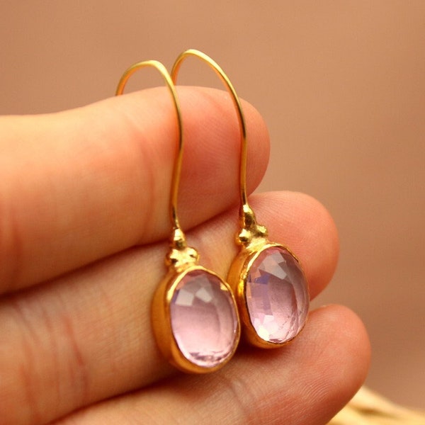Pink Topaz Dangle Earrings, Brillant Cut Topaz Earrings, Pink Topaz, Hoop Earrings, Unique Earrings,American Seller Valentines Day Gift