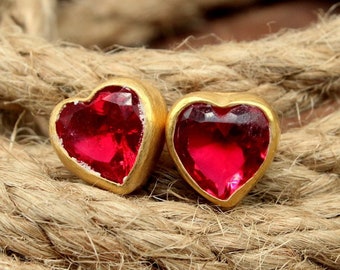 Ruby Heart Stud  Earrings, Natural Ruby Silver Earrings, Stud Earrings Gemstone Ruby Personalized Gifts For Her