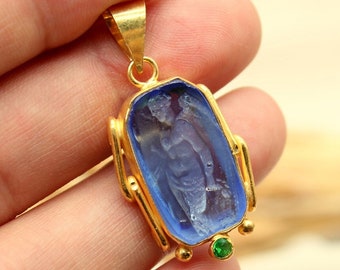 Antique Intaglio Greek God Aphrodite Glass Carved Sterling Silver Pendant BlackFriday Gift