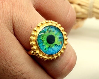 Human Eye Silver Ring  Vintage Style  Green Blue or Brown 925 Sterling Silver Valentines Day Gift For Her