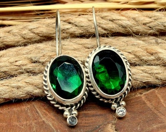 Emerald Sterling Silver Earrings, Silver Drop Dangle  Earrings Emerald Earrings Personalized Gifts For Her Gift For Her