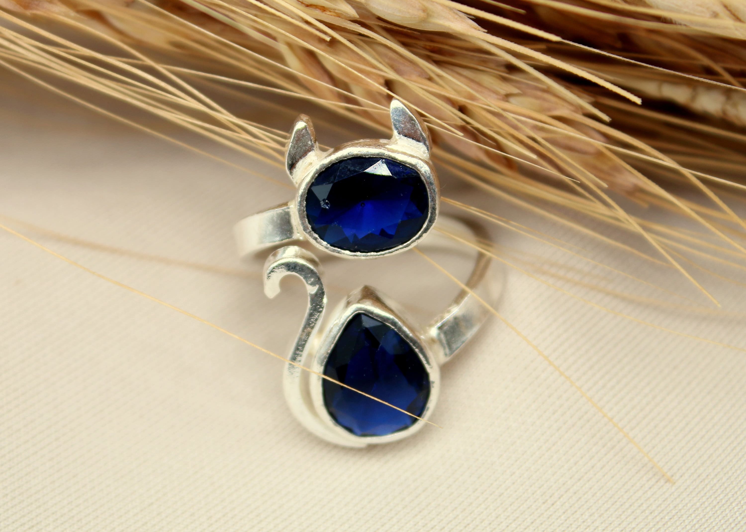 Cat Sapphire Ring Sapphire Jewelry Sterling Silver Ring, Engagement Ring, Statement Ring, Birthstone Ring Valentines Day Gift