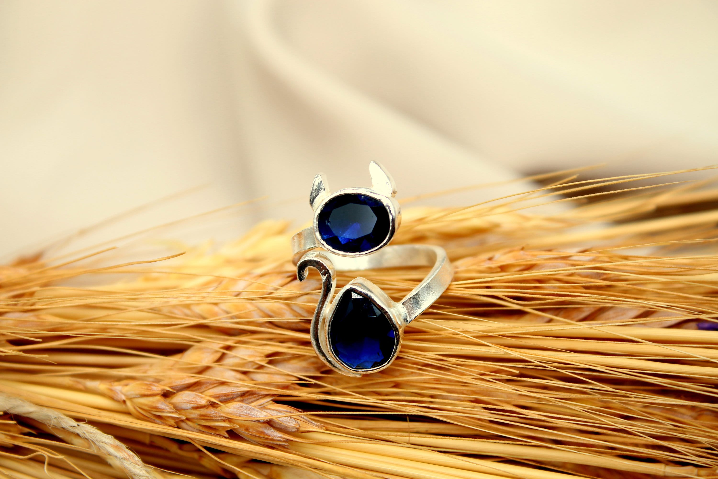 Cat Sapphire Ring Sapphire Jewelry Sterling Silver Ring, Engagement Ring, Statement Ring, Birthstone Ring Valentines Day Gift