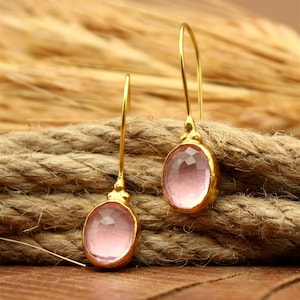 Pink Topaz Dangle Earrings, Brillant Cut Topaz Earrings, Pink Topaz, Hoop Earrings, Unique Earrings,American Seller Gift For Her