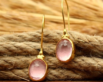 Pink Topaz Dangle Earrings, Brillant Cut Topaz Earrings, Pink Topaz, Hoop Earrings, Unique Earrings,American Seller Gift For Her