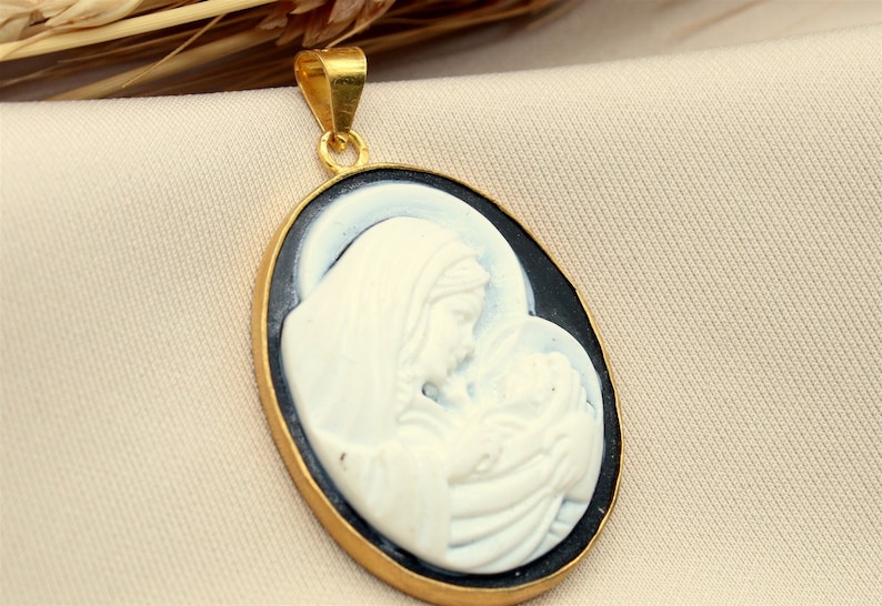 Antique Cameo Virgin Mary And Jesus Silver Pendant, Carved Mary Pendant, Greek Neo Classical, Personalized Gift For Her Gift For Her image 9