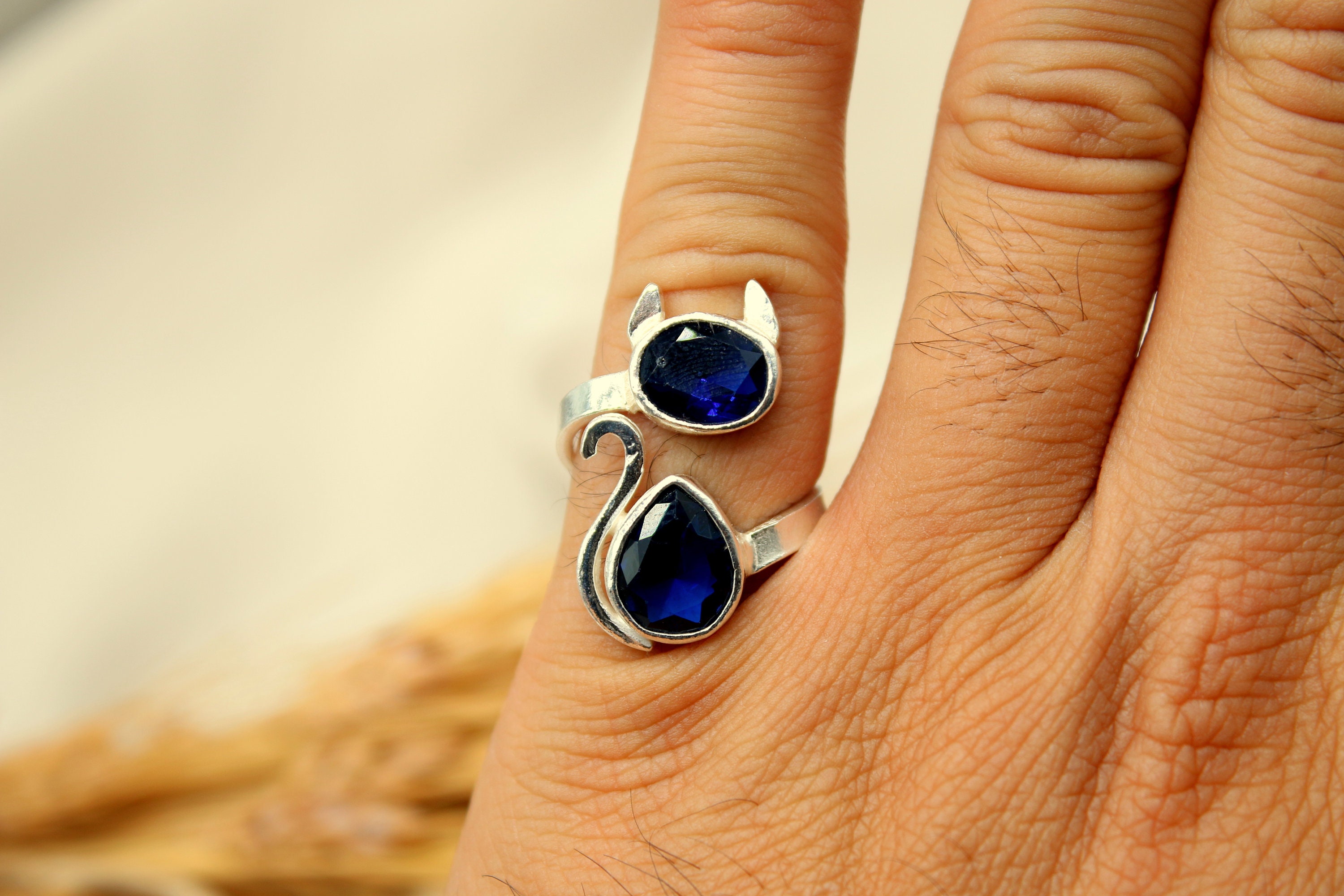 Cat Sapphire Ring Sapphire Jewelry Sterling Silver Ring, Engagement Ring, Statement Ring, Birthstone Ring Valentines Day Gift
