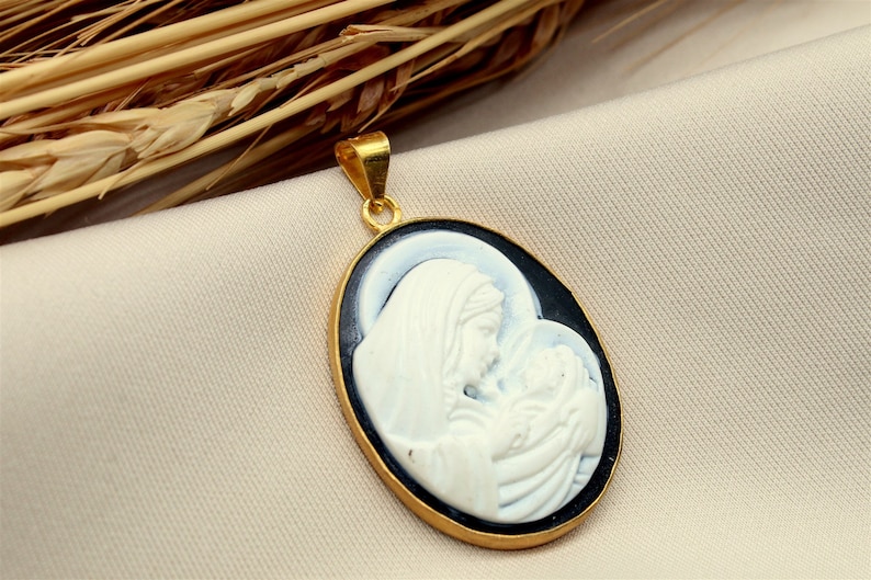 Antique Cameo Virgin Mary And Jesus Silver Pendant, Carved Mary Pendant, Greek Neo Classical, Personalized Gift For Her Gift For Her image 3