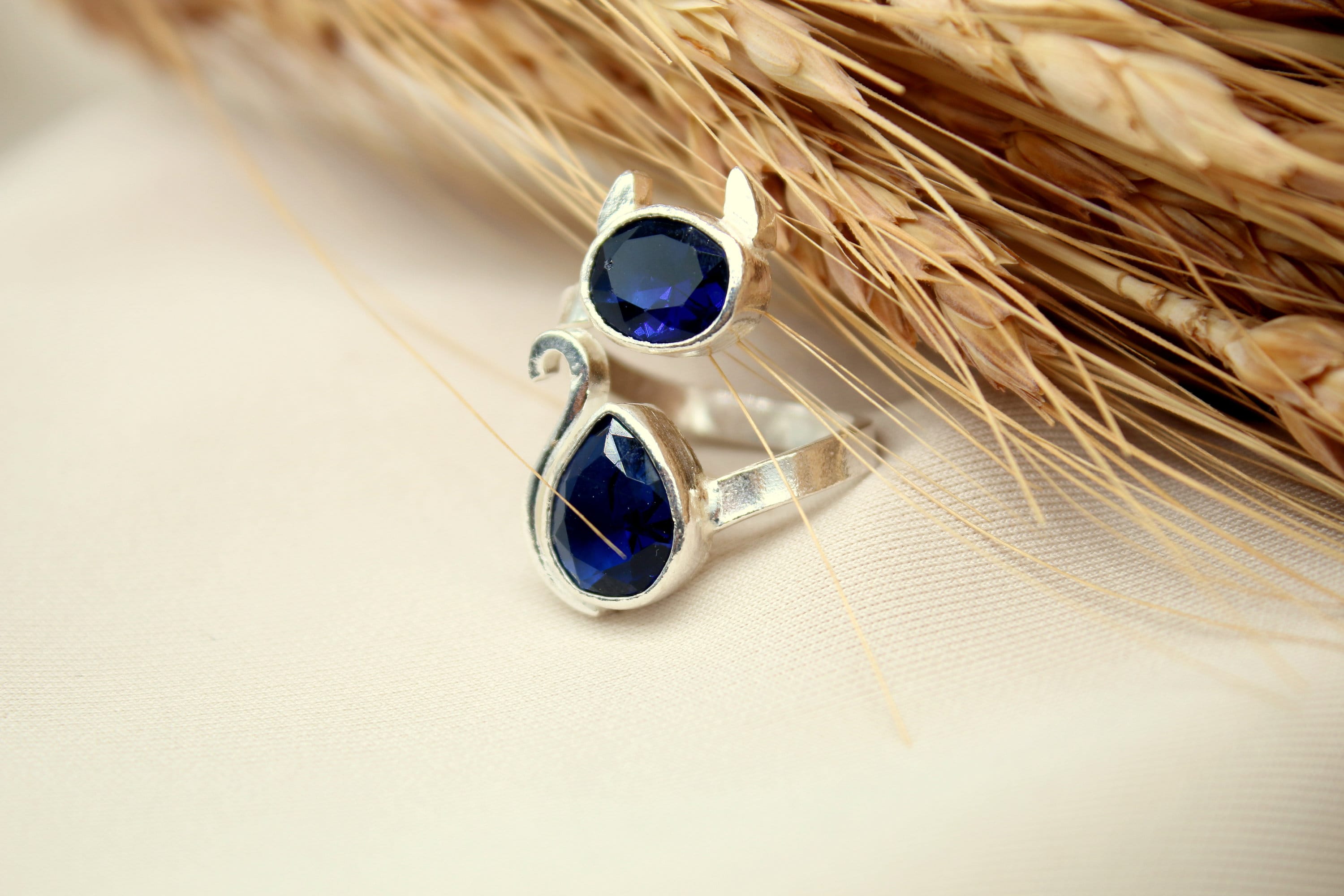 Cat Sapphire Ring Sapphire Jewelry Sterling Silver Ring, Engagement Ring, Statement Ring, Birthstone Ring Valentines Day Gift