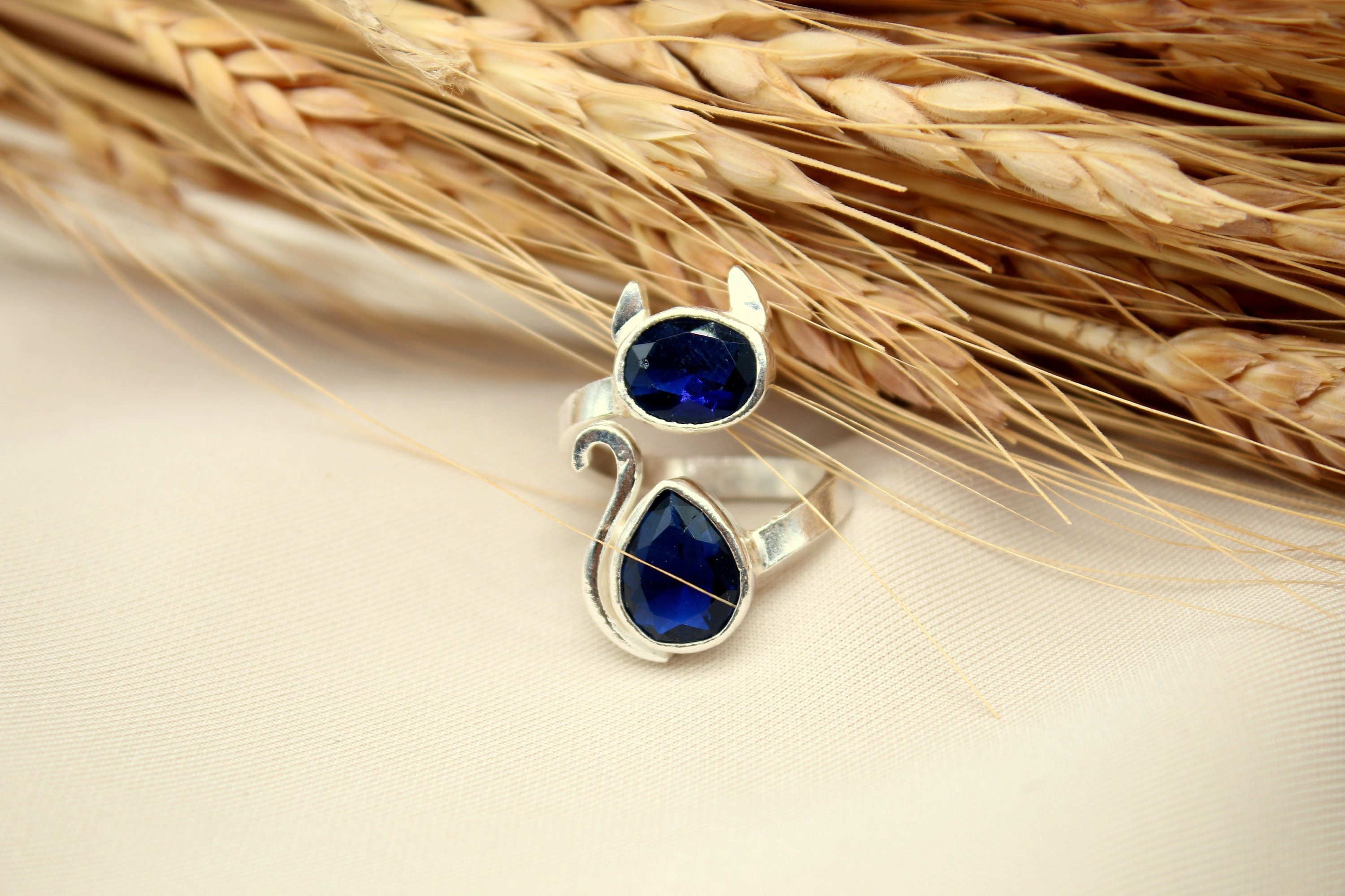Cat Sapphire Ring Sapphire Jewelry Sterling Silver Ring, Engagement Ring, Statement Ring, Birthstone Ring Valentines Day Gift