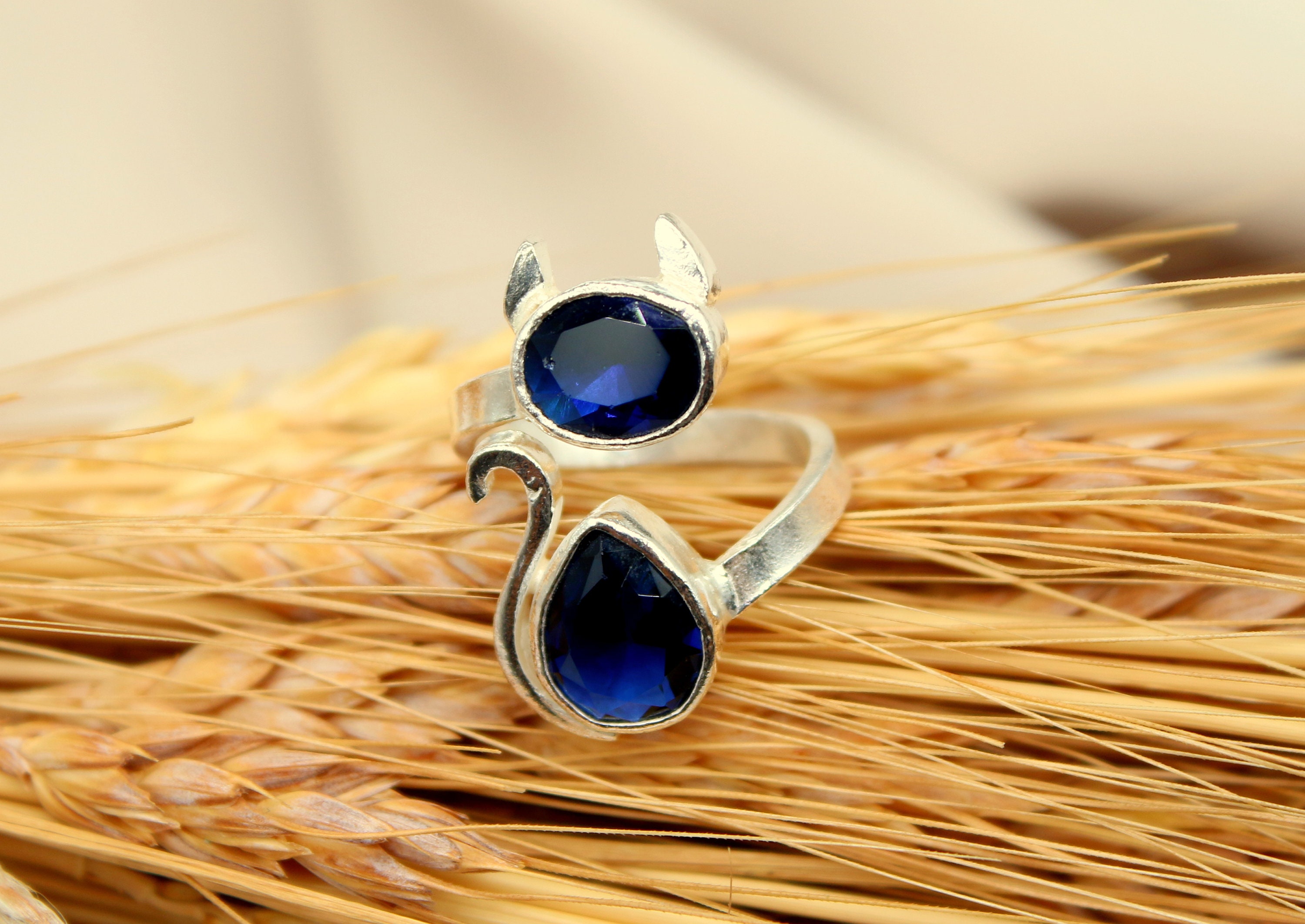 Cat Sapphire Ring Sapphire Jewelry Sterling Silver Ring, Engagement Ring, Statement Ring, Birthstone Ring Valentines Day Gift