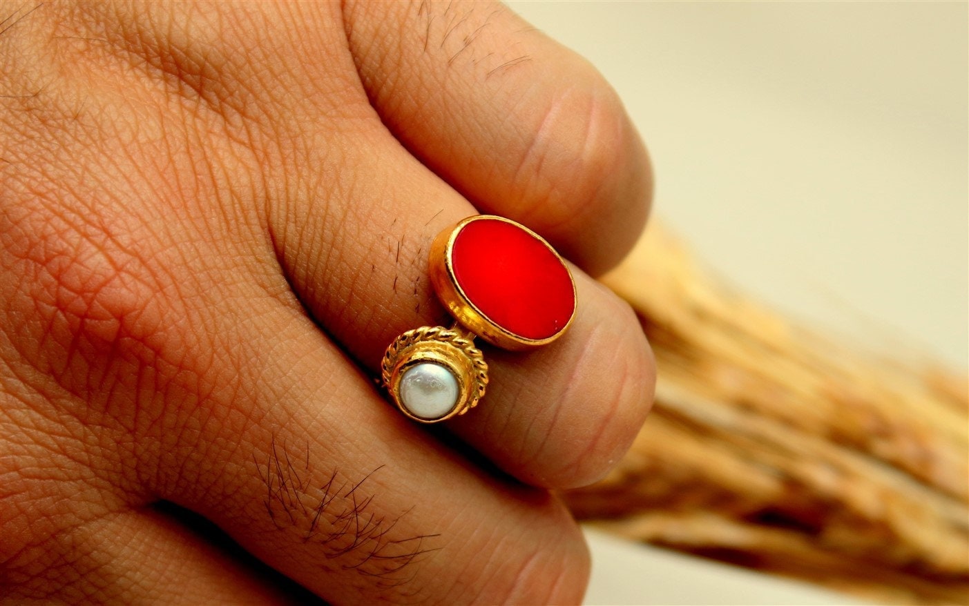 Buy Pure Impon Red Coral Gold Design 1 Gram Gold Pagadam Ring for Women