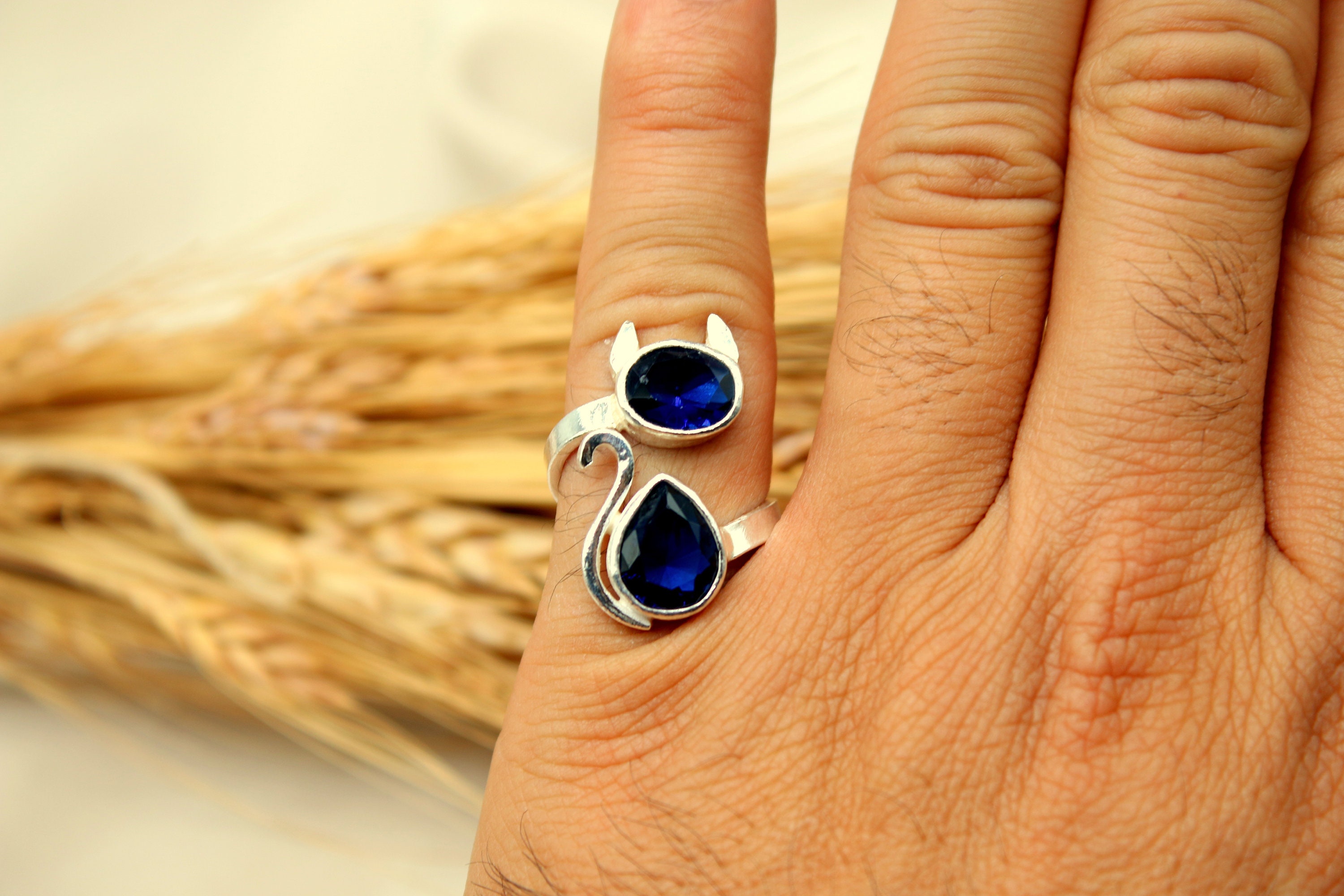 Cat Sapphire Ring Sapphire Jewelry Sterling Silver Ring, Engagement Ring, Statement Ring, Birthstone Ring Valentines Day Gift