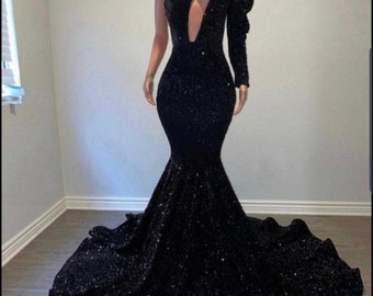 Black Velvet Sequin Evening Dress, One-Shoulder Gown