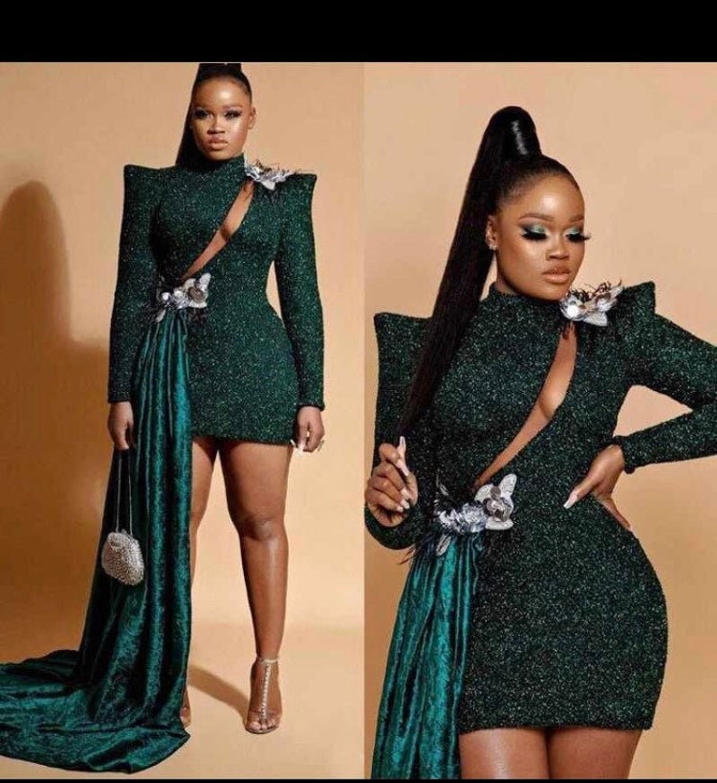 Green sequins short party dress, birthday dress with train cc353 main image 1