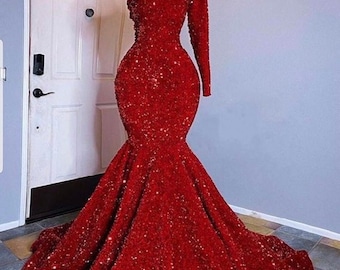 Red mermaid sequins prom dress,wedding reception gown, Christmas dress,shimmery dresses, bridal dresses, African women party dresses