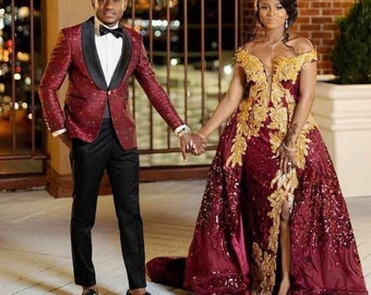 Vestido de novia de encaje africano, traje de hombre, atuendo de pareja