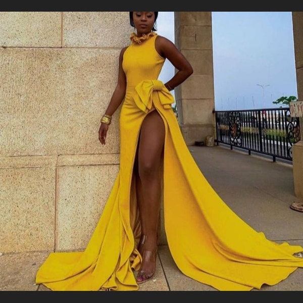 Long African dress for prom,prom gowns,African party dress,mustard yellow mermaid prom dress with slit,African clothing for women