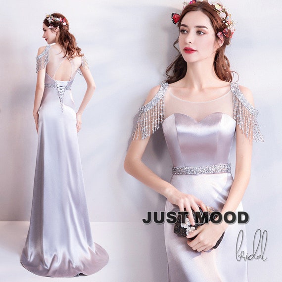 Elegant Satin Wedding Dresses Grey Silver Bridal Gown | Etsy