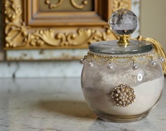 Extra Large Embelished 24 oz Glass  Vintage Inspired Keepsake Dish (8 oz free Perfumed Dusting Powder with your purchase of dish).