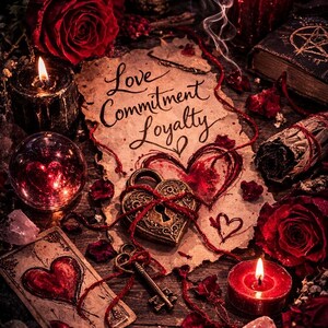 May include: A romantic still life with red roses, candles, and a heart-shaped lock. A handwritten note reads "Love, Commitment, Loyalty." Other elements include a crystal ball, a key, and a small book.