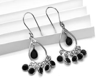Black Onyx Earrings, Dangle Drop Earrings, Black Onyx Silver Jewelry for Women, Statement Birthstone Earrings, Onyx Gemstone Boho Earrings