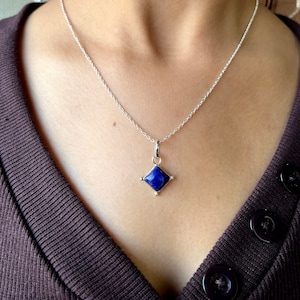 Handmade Lapis Lazuli Pendant, 925 Sterling Silver Necklace, Square Blue Pendant, Natural Lapis Lazuli Gemstone Necklace, Mom Birthday Gift