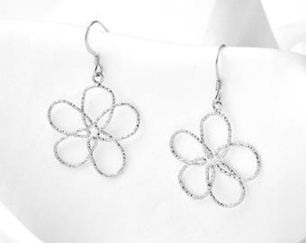 Silver Drop Earrings, Bridesmaid Earrings For Her, 925 Sterling Silver Dangle Drop Earrings, Unique Flower Earrings, Minimalist Gift Women