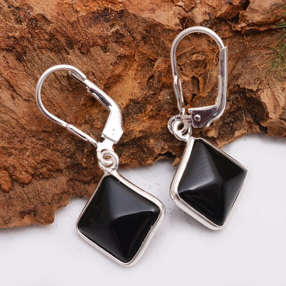 Natural Black Onyx Dangle Earrings 925 Solid Sterling Silver