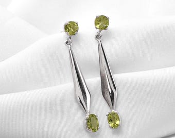 Peridot Earrings, Silver Dangle Earrings, Natural Peridot Gemstone Jewelry, August Birthstone Earrings for Women, Unique Statement Earrings