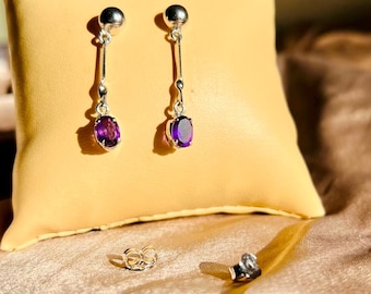 Amethyst Earrings, 925 Sterling Silver Gemstone Earrings, Natural Amethyst Dangle Earrings, Birthstone Jewelry Gift For Wedding Anniversary