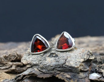 Natural Red Garnet Studs Earrings,925 Sterling Silver Studs Earring,Silver Tops Earrings, Trillion Shape Tops, Birthday Gift For Girls