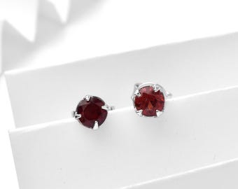 Red Garnet Studs, Tiny Round Stud Earrings, Natural Red Garnet Earrings, Minimalist Earrings, Dainty Silver Tops Earrings, Garnet Jewelry