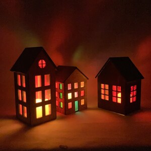 Decorative Lantern House w/colored windows - includes LED Votive Candle - Laser cut small model dollhouse miniature