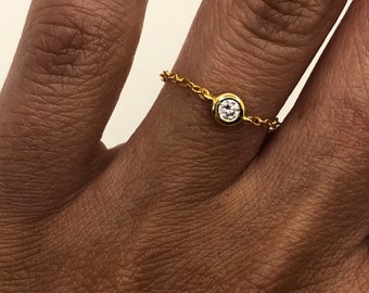 Bague solitaire chaîne en argent ou plaqué à l’or fin 18 k & zirconium