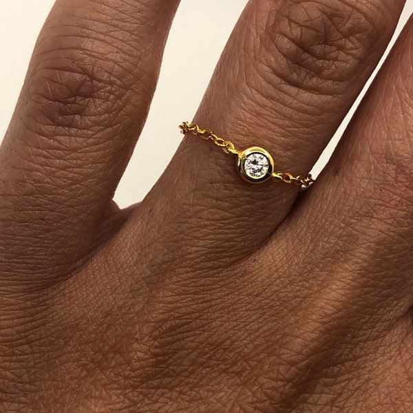 Bague solitaire chaîne en argent ou plaqué à l’or fin 18 k & zirconium