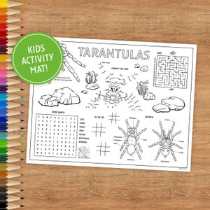Printable Activity Placemat, Coloring Pages for Kids, Digital Download, Animals, Tarantulas, Arachnids, Spiders