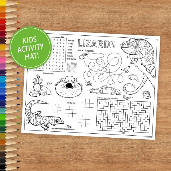 Printable Activity Placemat, Coloring Pages for Kids, Digital Download, Animals, Reptiles, Lizards, Geckos, Chameleon