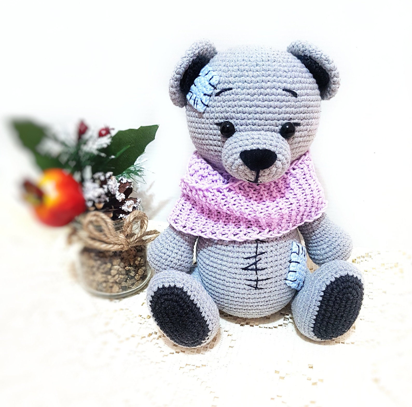 Grey bear amigurumi. A knitted bear in a scarf. Knitted | Etsy