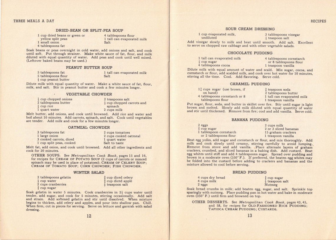 Three Meals a Day Cook Book Printable Cookbook Vintage Cookbook Digital Download Etsy