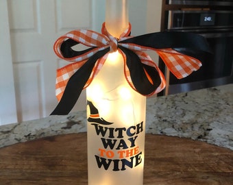 Lighted Decorated Wine Bottle Witch Way to the Wine