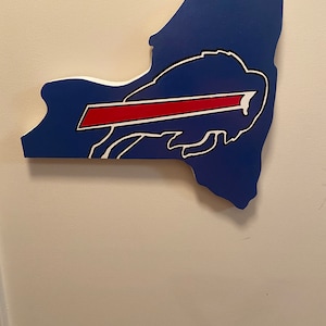 New York shaped wooden - Buffalo Bills  cut out wall sign- Handpainted , comes with hook for hanging.