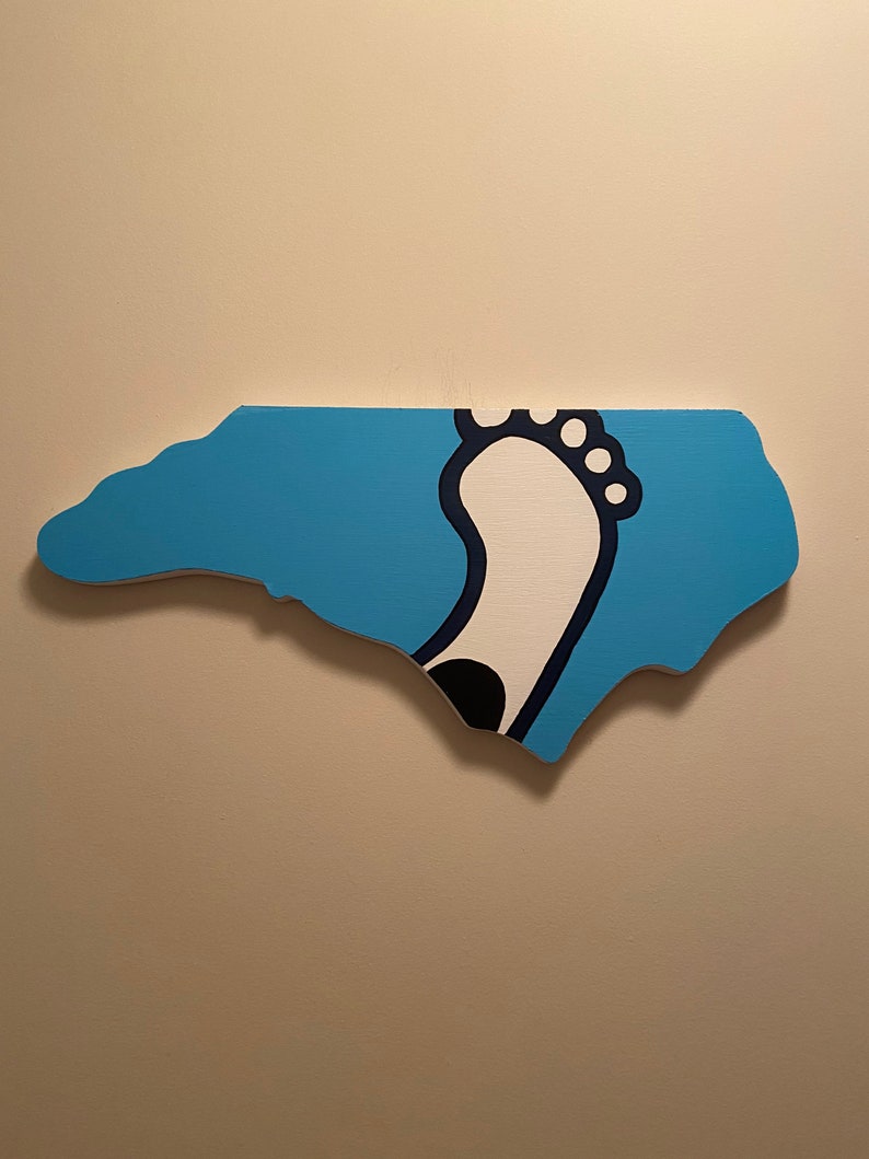May include: A blue and white outline of the state of North Carolina with a white footprint inside. The footprint is outlined in black and has a black dot in the center.